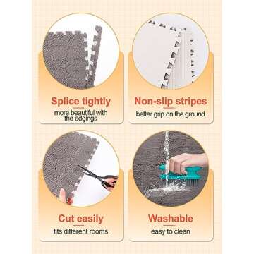 12 pcs Thickened Plush Foam Interlocking Floor Mat, Interlocking Foam Tiles with Edgings for Kids, Soft Anti-Slip Puzzle Area Square Rug Playmat for Children Room Bedroom(11.8", Gray)