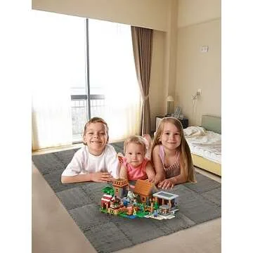 12 pcs Thickened Plush Foam Interlocking Floor Mat, Interlocking Foam Tiles with Edgings for Kids, Soft Anti-Slip Puzzle Area Square Rug Playmat for Children Room Bedroom(11.8", Gray)