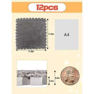 12 pcs Thickened Plush Foam Interlocking Floor Mat, Interlocking Foam Tiles with Edgings for Kids, Soft Anti-Slip Puzzle Area Square Rug Playmat for Children Room Bedroom(11.8", Gray)