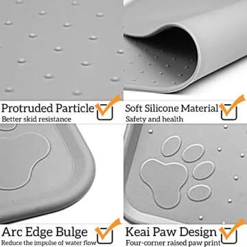 Ptlom Pet Placemat for Dog and Cat, Waterproof Non-Slip Bowl Mat Prevent Food and Water Overflow, Puppy Dish Feeding Mats Suitable for Medium and Small Pet, Silicone (13" *13", Grey)