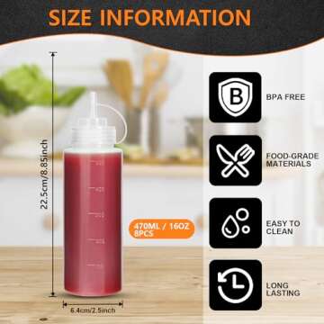OAMCEG 16OZ Squeeze Bottles - 8 Pack Durable Plastic Condiment Bottles, Squirt Bottle with Discrete ...