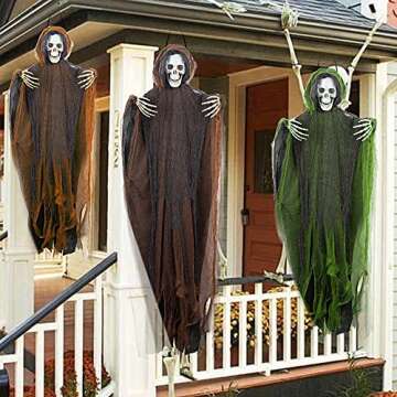 FUNPENY 3 Pack Hanging Ghost Outdoor Halloween Decorations, One 53.2" and Two 43.3" Hanging Skeleton Ghost Reapers for Halloween Haunted House Props Party Supplies Yard Outdoor Indoor Decor