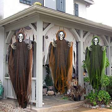 FUNPENY 3 Pack Hanging Ghost Outdoor Halloween Decorations, One 53.2" and Two 43.3" Hanging Skeleton Ghost Reapers for Halloween Haunted House Props Party Supplies Yard Outdoor Indoor Decor