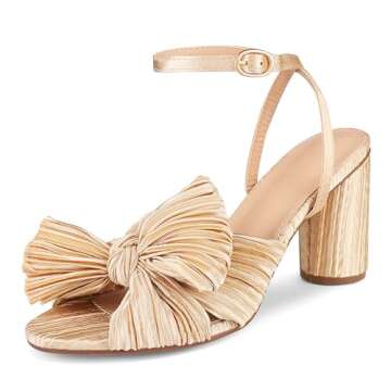 Womens Heeled Sandals Pleated Bow Knot Ankle Strap Open Toe High Block Chunky Heels Sandals Dress Br...
