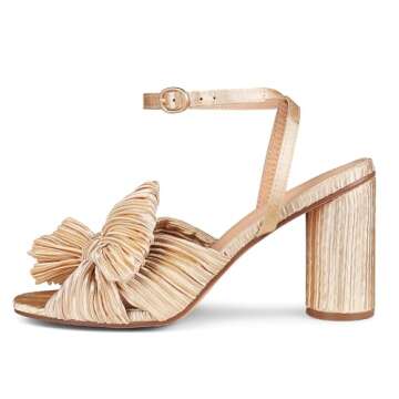 Womens Heeled Sandals Pleated Bow Knot Ankle Strap Open Toe High Block Chunky Heels Sandals Dress Bridal Wedding Shoes Pumps, A-gold（3.14"）, 4 UK