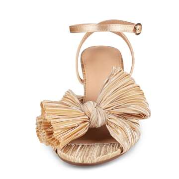 Womens Heeled Sandals Pleated Bow Knot Ankle Strap Open Toe High Block Chunky Heels Sandals Dress Bridal Wedding Shoes Pumps, A-gold（3.14"）, 4 UK