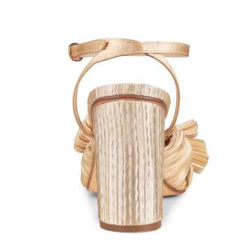 Womens Heeled Sandals Pleated Bow Knot Ankle Strap Open Toe High Block Chunky Heels Sandals Dress Bridal Wedding Shoes Pumps, A-gold（3.14"）, 4 UK