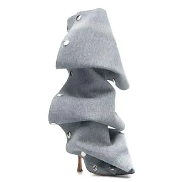 Arqa Womens Stiletto Heel Knee High Boots Pointed Toe Applique Denim Boot with Zipper Silver Buttons Fall Slouchy Boot Blue Size 9.5