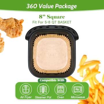 360 Pcs 8 Inch Square Heavy Duty Air Fryer Paper Liners Disposable, Non-Stick and Non-Leak Parchment...