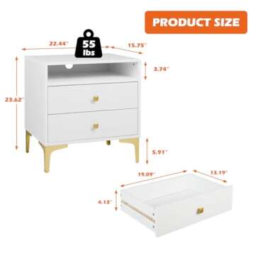 AILEEKISS Nightstands Set of 2 with Wireless Charging Function, Wood Night Stands 2 Sets with Drawers and Open Shelf Storage, Modern Bed Side Tables for Bedroom,Living Room (White 2 Sets)
