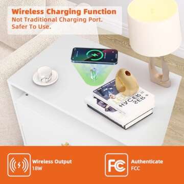 AILEEKISS Nightstands Set of 2 with Wireless Charging Function, Wood Night Stands 2 Sets with Drawers and Open Shelf Storage, Modern Bed Side Tables for Bedroom,Living Room (White 2 Sets)