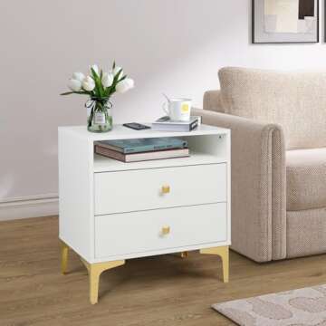 AILEEKISS Nightstands Set of 2 with Wireless Charging Function, Wood Night Stands 2 Sets with Drawers and Open Shelf Storage, Modern Bed Side Tables for Bedroom,Living Room (White 2 Sets)