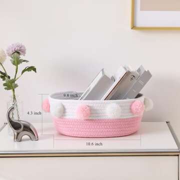 RengaoRise Small Pink Basket with Pom Pom, 10.6" x 9.8" x 4.3" Cute Woven Oval Decorative Basket for...