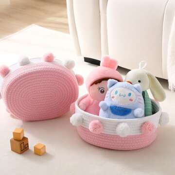 RengaoRise Small Pink Basket with Pom Pom, 10.6" x 9.8" x 4.3" Cute Woven Oval Decorative Basket for Baby Girl, Women,Empty Gift Basket to Fill for Valentine's Day, Baby Shower, Easter, Wedding