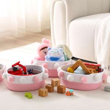 RengaoRise Small Pink Basket with Pom Pom, 10.6" x 9.8" x 4.3" Cute Woven Oval Decorative Basket for Baby Girl, Women,Empty Gift Basket to Fill for Valentine's Day, Baby Shower, Easter, Wedding