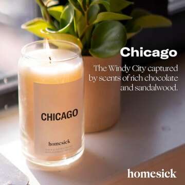 Homesick Scented Candles for Home (Chicago) - 13.75 oz Long-Lasting Soy Wax Jar Candle for Women & Men for All Occasions, 60-80 Hours Burn Time - Notes of Sandalwood & Bergamot