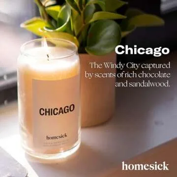 Homesick Scented Candles for Home (Chicago) - 13.75 oz Long-Lasting Soy Wax Jar Candle for Women & Men for All Occasions, 60-80 Hours Burn Time - Notes of Sandalwood & Bergamot