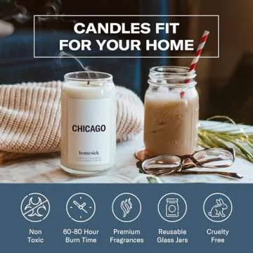 Homesick Scented Candles for Home (Chicago) - 13.75 oz Long-Lasting Soy Wax Jar Candle for Women & Men for All Occasions, 60-80 Hours Burn Time - Notes of Sandalwood & Bergamot