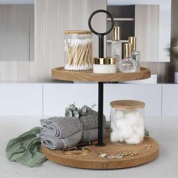 Decorative Wooden Tiered Tray Stand - Beautiful Two Tiered Coffee Table Serving Tray Enhances Your S...