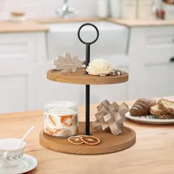 Decorative Wooden Tiered Tray Stand - Beautiful Two Tiered Coffee Table Serving Tray Enhances Your Seasonal Modern Farmhouse Decor - The Perfect Centerpiece for Your ChristmasTable Decorations