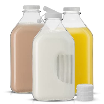 JoyJolt Glass Milk Bottles with Lids and Pourer – 64 Oz, 3 Pack Airtight Heavy Duty Reusable Glass...