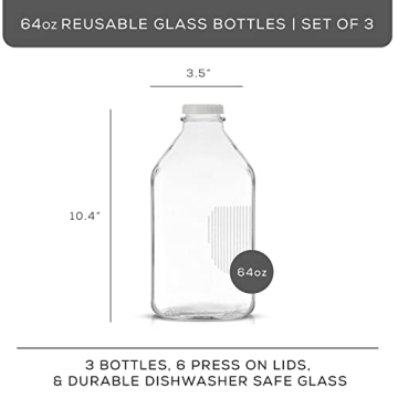 JoyJolt Glass Milk Bottles with Lids and Pourer – 64 Oz, 3 Pack Airtight Heavy Duty Reusable Glass Bottles, Leakproof, BPA-Free, Food Grade, Dishwasher Safe Jug, Pitcher for Milk, Juice, and Water