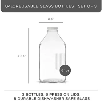 JoyJolt Glass Milk Bottles with Lids and Pourer – 64 Oz, 3 Pack Airtight Heavy Duty Reusable Glass Bottles, Leakproof, BPA-Free, Food Grade, Dishwasher Safe Jug, Pitcher for Milk, Juice, and Water