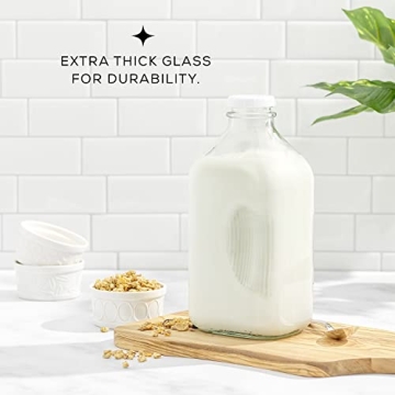 JoyJolt Glass Milk Bottles with Lids and Pourer – 64 Oz, 3 Pack Airtight Heavy Duty Reusable Glass Bottles, Leakproof, BPA-Free, Food Grade, Dishwasher Safe Jug, Pitcher for Milk, Juice, and Water