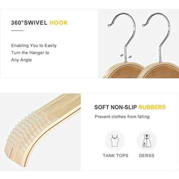 TOPIA HANGER Slim Natural Wood Hangers with Extra Soft Non-Slip Rubber Grips, 18-Pack High-Grade Fashion Hanger No Shoulder Bump for Sweater, Camisole, Jacket, Dress, Coat -CT16N