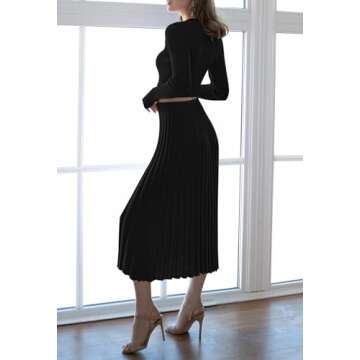 Pink Queen 2 Piece Skirt Outfits for Women Dressy Knit Sweater Crop Top Party Cocktail High Slit Midi Dress Black L