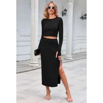 Pink Queen 2 Piece Skirt Outfits for Women Dressy Knit Sweater Crop Top Party Cocktail High Slit Midi Dress Black L