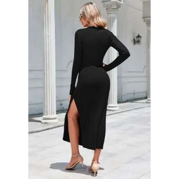 Pink Queen 2 Piece Skirt Outfits for Women Dressy Knit Sweater Crop Top Party Cocktail High Slit Midi Dress Black L