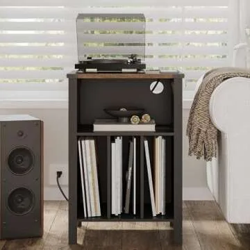 ChooChoo Record Player Stand with Vinyl Storage, Turntable Stand with Charging Station, Record Storage Cabinet, End Side Table for Living Room, Bedroom, Black