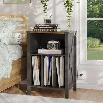 ChooChoo Record Player Stand with Vinyl Storage, Turntable Stand with Charging Station, Record Storage Cabinet, End Side Table for Living Room, Bedroom, Black