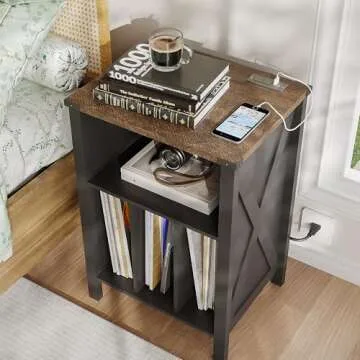 ChooChoo Record Player Stand with Vinyl Storage, Turntable Stand with Charging Station, Record Storage Cabinet, End Side Table for Living Room, Bedroom, Black