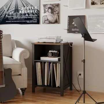 ChooChoo Record Player Stand with Vinyl Storage, Turntable Stand with Charging Station, Record Storage Cabinet, End Side Table for Living Room, Bedroom, Black