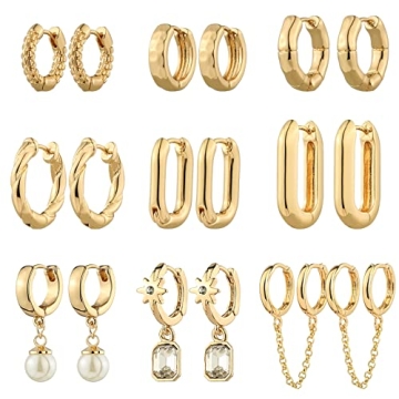 9 Pairs Gold Chunky Hoop Earrings Set for Women, 14K Plated Twisted Huggie Earring Hypoallergenic, L...