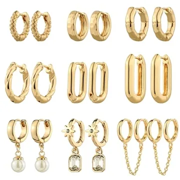 9 Pairs Gold Chunky Hoop Earrings Set for Women, 14K Plated Twisted Huggie Earring Hypoallergenic, L...