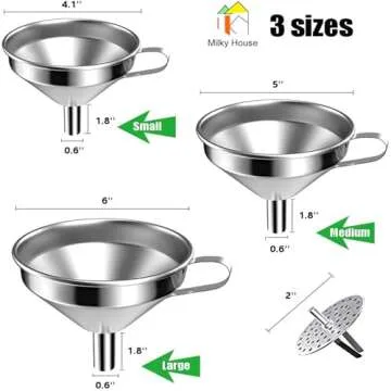 Large Funnels 3 Pack Set, Metal Stainless Steel Funnels with 3 Pack Removable Strainer Filter, for Kitchen Transfer Liquid Essential, Oils Fluid, Spice, Powder, Food Grade Dishwash Safe Durable