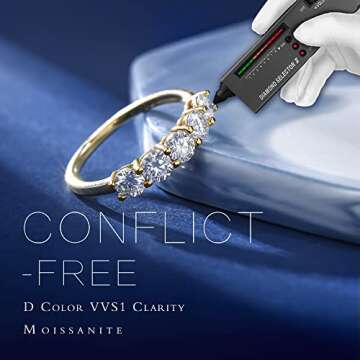 MOOSEA Moissanite Anniversary Rings for Women, D Color VVS1 Clarity Conflict-Free Lab Created Moissanite Rings 14K Yellow Gold Vermeil 5 Stone Moissanite Wedding Rings for Bridal Women Wife Girlfriend