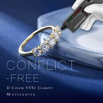 MOOSEA Moissanite Anniversary Rings for Women, D Color VVS1 Clarity Conflict-Free Lab Created Moissanite Rings 14K Yellow Gold Vermeil 5 Stone Moissanite Wedding Rings for Bridal Women Wife Girlfriend