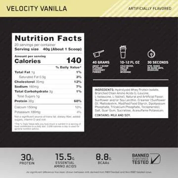 Optimum Nutrition Platinum Hydrowhey Protein Powder, 100% Hydrolyzed Whey Protein Isolate Powder, Flavor: Velocity Vanilla, 20 Servings, 1.76 Pounds (Packaging May Vary)