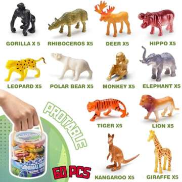 60 Piece Mini Zoo Animal Toy With Gift Box, Realistic Small Plastic Animal Figure Sensory Bins, Jungle Animal Party Favors, Cupcake Topper, School Education, Birthday Gifts for Kids Toddlers