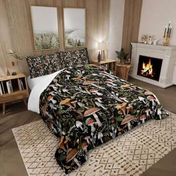 Mushroom Kids Comforter Set Queen Size Red Strawberry Trippy Mushrooms Bedding Set for Girls Boys Room Decor Jungle Rustic Wild Plants Palm Leaves Soft Chic Quilted Duvet with 2 Pillowcases