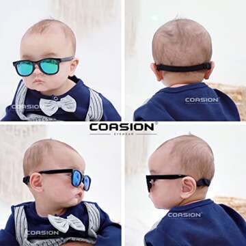 COASION Bendable Flexible Polarized Newborn Baby Sunglasses with Strap for Infant Boys Girls Age 0-12 Months (Black/Green Mirror)