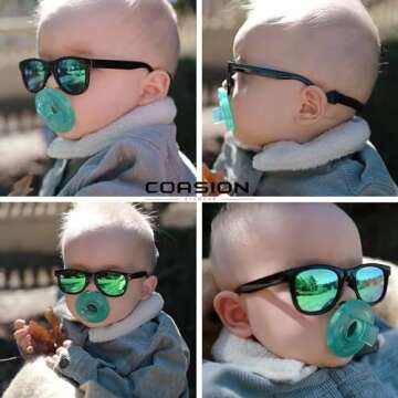 COASION Bendable Flexible Polarized Newborn Baby Sunglasses with Strap for Infant Boys Girls Age 0-12 Months (Black/Green Mirror)