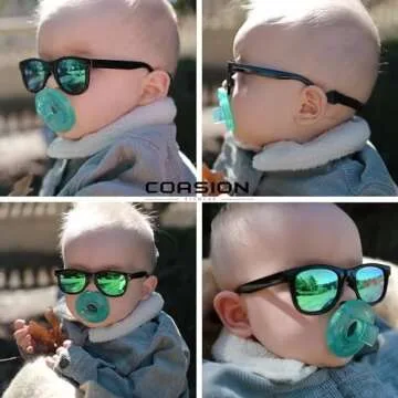 COASION Bendable Flexible Polarized Newborn Baby Sunglasses with Strap for Infant Boys Girls Age 0-12 Months (Black/Green Mirror)