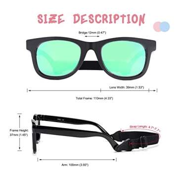 COASION Bendable Flexible Polarized Newborn Baby Sunglasses with Strap for Infant Boys Girls Age 0-12 Months (Black/Green Mirror)
