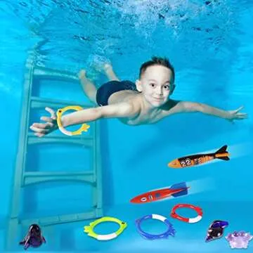 Summer Pool Diving Toys for Kids, Fun Swimming Pool Games Sinking Toy Set, Underwater Diving Gifts with Storage Bag Include Torpedo Gems Shark Diving Rings Sea Animals for Boys Girls (24 Pack)