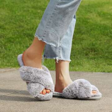 Cozy Women’s Cross Band Slippers - Fluffy Indoor Shoes